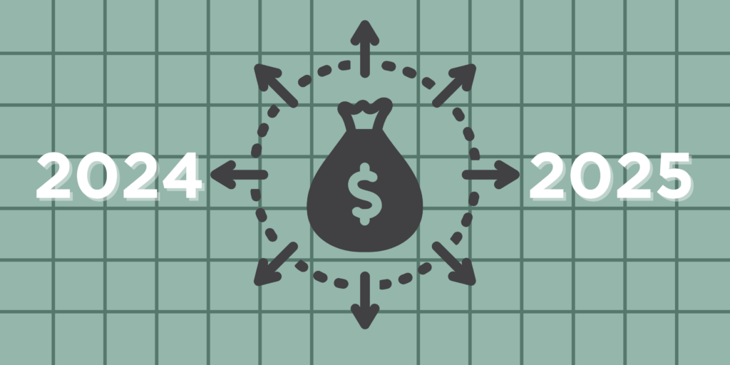 In the center of the page, there is a circle made up of dots and arrows, reminiscent of a compass. In the middle of the compass is a graphic of a bag with a dollar sign on the outside. The numbers 2024 and 2025 are on either side of the circle.