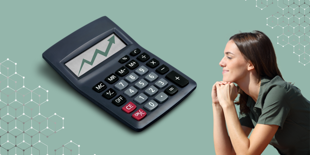 The profile of a smiling woman gazes at a giant calculator showing an up pointing arrow on its screen.