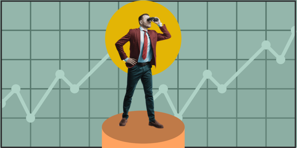 A man in a suit stands atop a cylindrical platform, with one hand on his hip, and the other holding a pair of binoculars to his eyes. The background is a grid with a line graph trending upward.