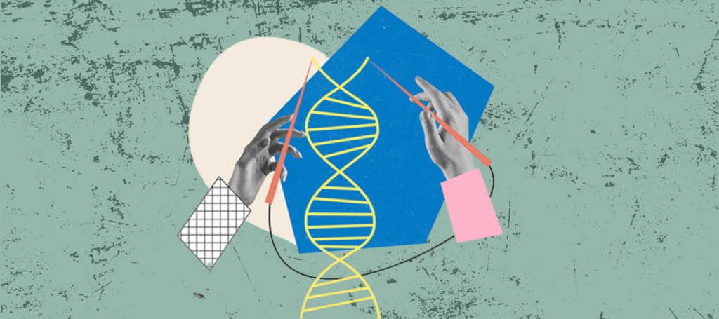 A DNA strand is centred against a background of irregular shapes. Hands on either side of the DNA strand hold knitting needles to give the impression that the hands are knitting the strand.