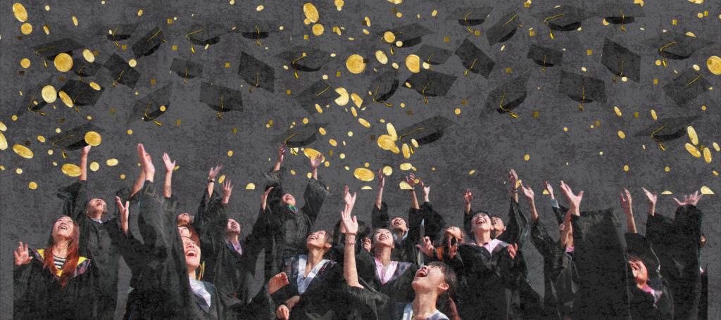 A group of smiling, cheering graduates in gowns stand reaching for their caps and coins that are raining down upon them.