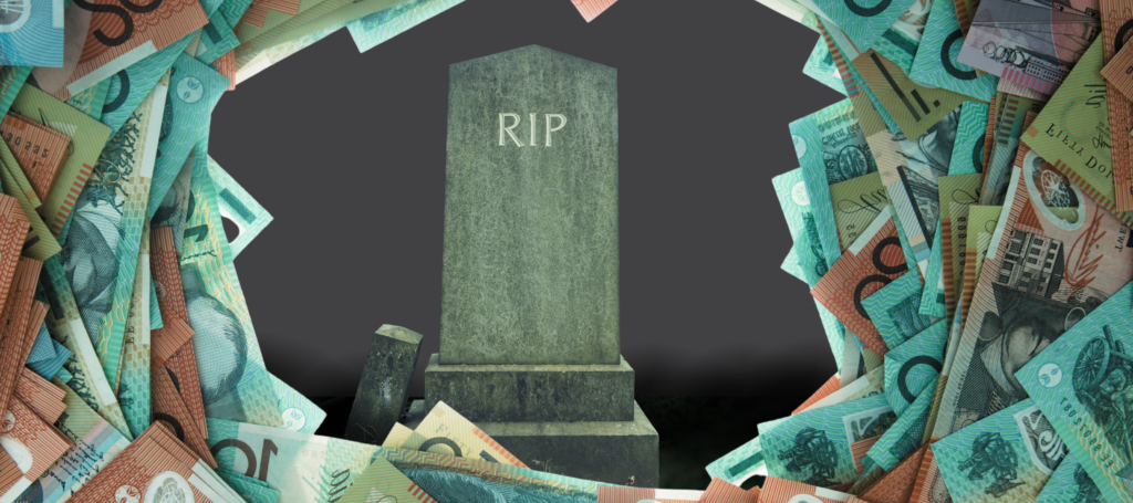 A gravestone with "RIP" engraved, surrounded by torn edges of Australian dollar banknotes, symbolizing financial challenges and inheritance concerns after death.