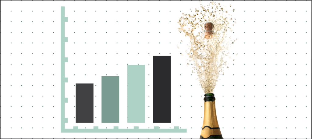 A bar graph with a celebratory champagne bottle popping open, symbolizing financial growth and an increase in the tax-free retirement super cap.