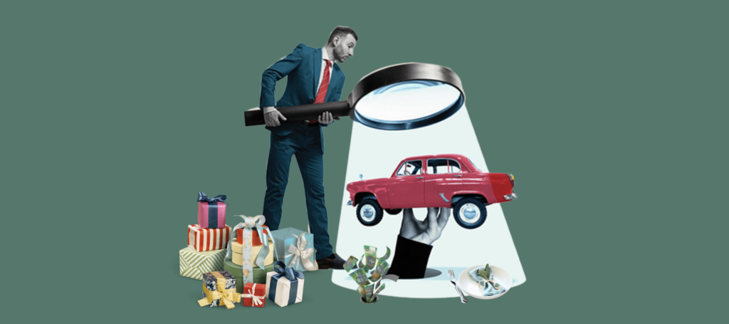 A businessman holding a magnifying glass inspects a red vintage car, with wrapped gifts, money, and a plate in the foreground. The image represents Fringe Benefits Tax (FBT) scrutiny on vehicles, employee benefits, and entertainment expenses in 2025.