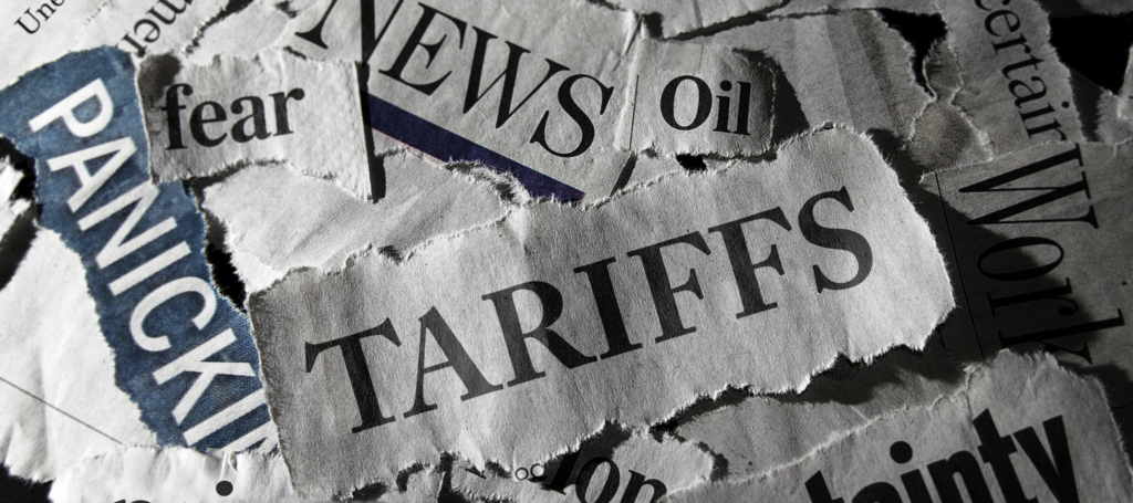 A collage of torn newspaper headlines featuring words like "tariffs," "fear," and "panic," symbolizing economic uncertainty and the global impact of trade wars. The image highlights concerns about U.S. tariffs, supply chain disruptions, and market volatility in 2025.